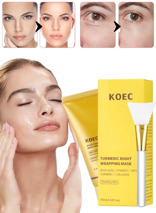 KOEC 75 مل قناع الليل بالكراتين الكركم مع حمض كوجيك وكولاجين قناع لف الليل قناع شد وترطيب مغذي مع فيتامين C ترطيب عميق مرطب طويل الأمد وكريم تفتيح قناع الكركم والكولاجين - Image 1