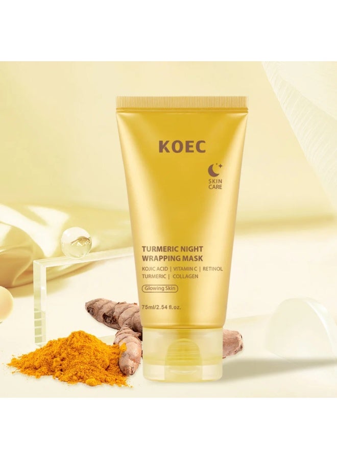 KOEC 75 مل قناع الليل بالكراتين الكركم مع حمض كوجيك وكولاجين قناع لف الليل قناع شد وترطيب مغذي مع فيتامين C ترطيب عميق مرطب طويل الأمد وكريم تفتيح قناع الكركم والكولاجين - Image 3
