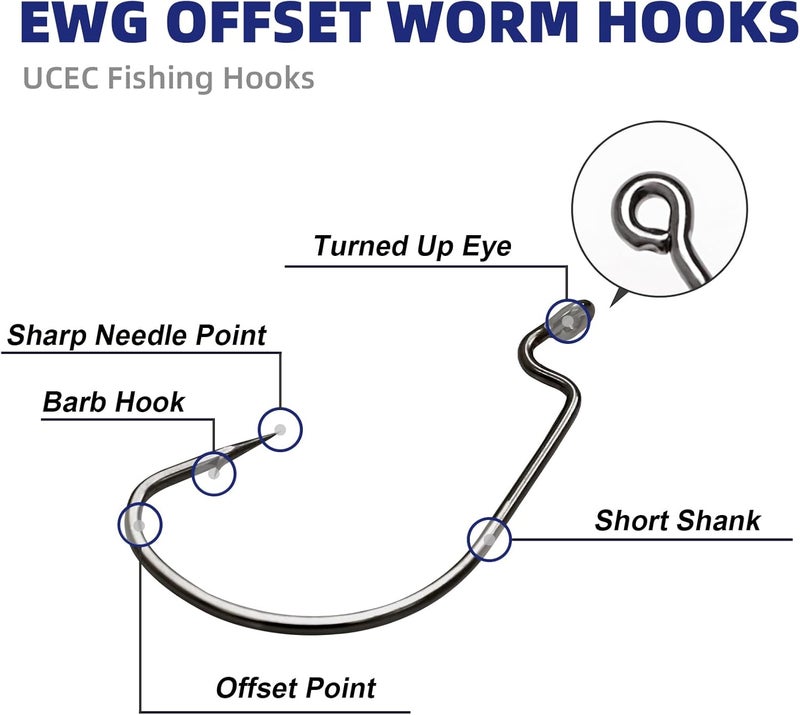 UCEC Fishing Hooks, 140PCS/ 100PCS/ 60PCS EWG Offset Worm Hooks Bass Hooks Wide Gap 2X Strong Senko Bait Texas Rig Jig Fish Hooks for Bass Trout Saltwater Freshwater Size:#4#2#1 1/0 2/0 3/0 4/0 5/0 - Image 2