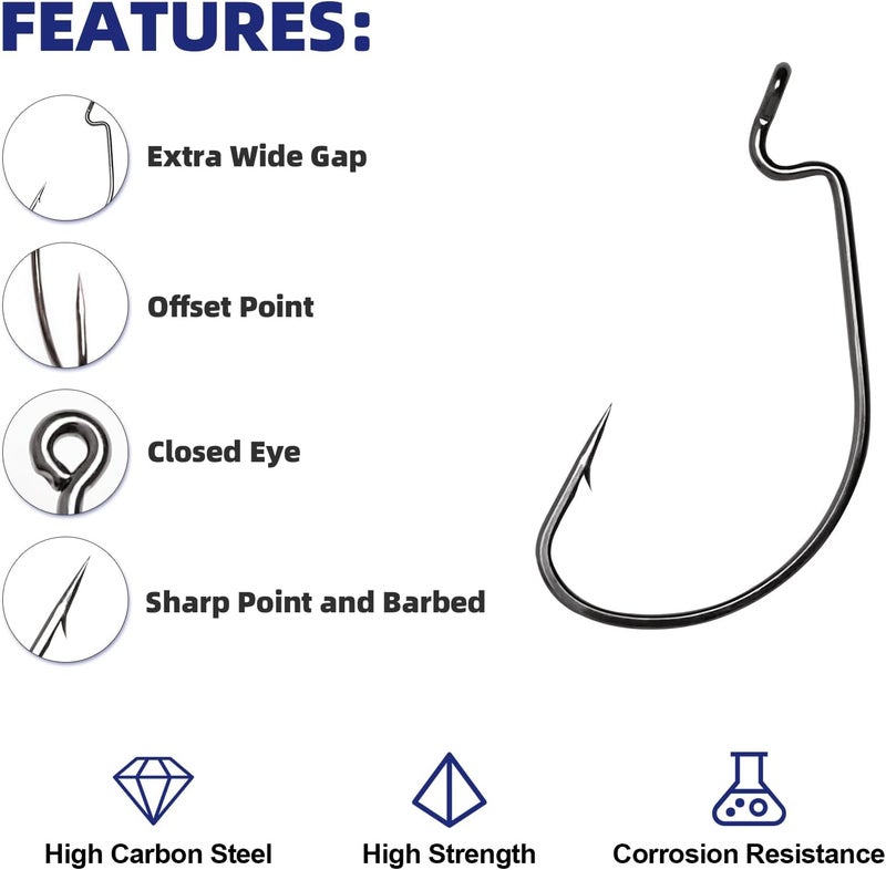 UCEC Fishing Hooks, 140PCS/ 100PCS/ 60PCS EWG Offset Worm Hooks Bass Hooks Wide Gap 2X Strong Senko Bait Texas Rig Jig Fish Hooks for Bass Trout Saltwater Freshwater Size:#4#2#1 1/0 2/0 3/0 4/0 5/0 - Image 3
