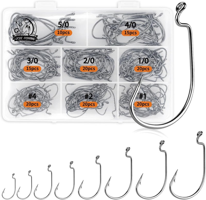 UCEC Fishing Hooks, 140PCS/ 100PCS/ 60PCS EWG Offset Worm Hooks Bass Hooks Wide Gap 2X Strong Senko Bait Texas Rig Jig Fish Hooks for Bass Trout Saltwater Freshwater Size:#4#2#1 1/0 2/0 3/0 4/0 5/0 - Image 1