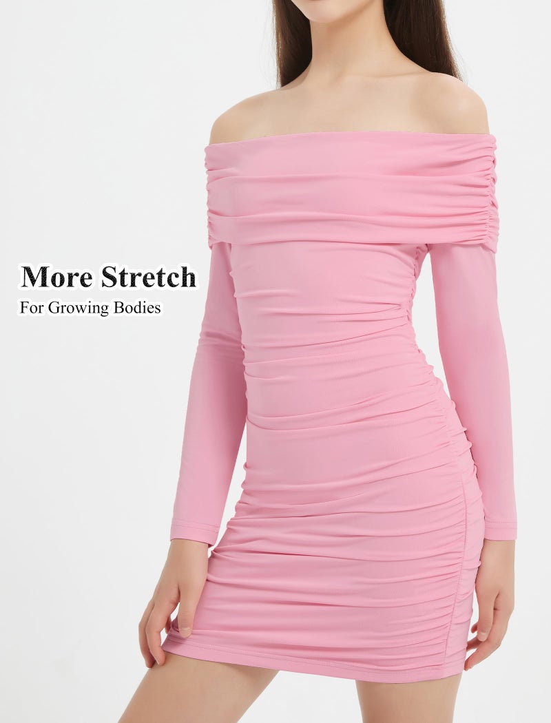 EXARUS Girls Dresses Bodycon Teen Valentine Formal Cocktail Homecoming Wedding Guest Prom Party Dance Holiday Formal Long Sleeve Off The Shoulder Ruched Mini Tight Pencil Dress Kids Pink 12Y - Image 3