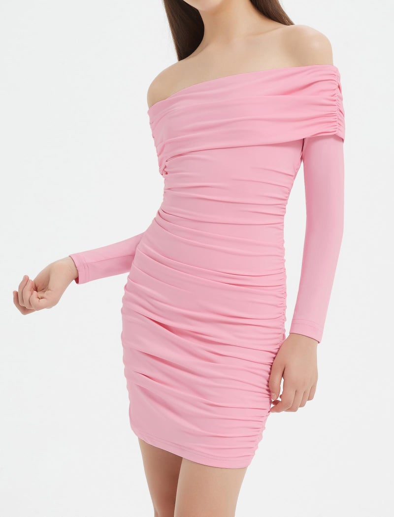 EXARUS Girls Dresses Bodycon Teen Valentine Formal Cocktail Homecoming Wedding Guest Prom Party Dance Holiday Formal Long Sleeve Off The Shoulder Ruched Mini Tight Pencil Dress Kids Pink 12Y - Image 5