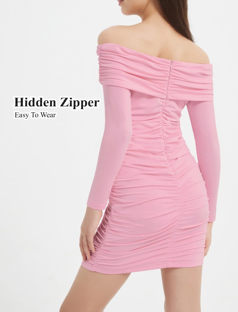 EXARUS Girls Dresses Bodycon Teen Valentine Formal Cocktail Homecoming Wedding Guest Prom Party Dance Holiday Formal Long Sleeve Off The Shoulder Ruched Mini Tight Pencil Dress Kids Pink 12Y - Image 2