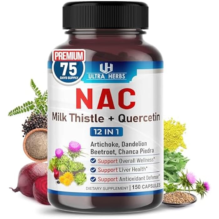 ULTRA HERBS مكمل NAC N-Acetyl Cysteine مدعوم بخلاصة الشوك المقدس وكيرسيتين - دعم المناعة وصحة الجهاز التنفسي وتنظيف الكبد | 150 كبسولة - Image 1