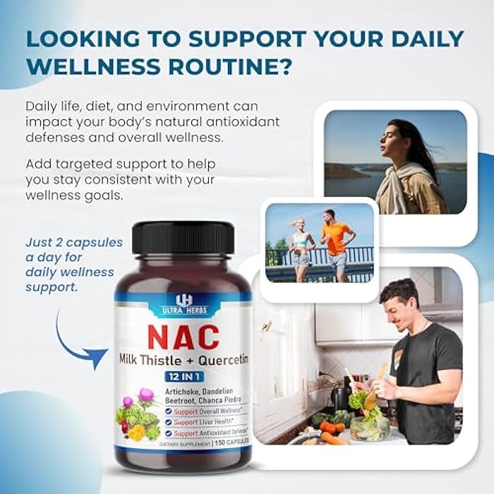 ULTRA HERBS مكمل NAC N-Acetyl Cysteine مدعوم بخلاصة الشوك المقدس وكيرسيتين - دعم المناعة وصحة الجهاز التنفسي وتنظيف الكبد | 150 كبسولة - Image 2