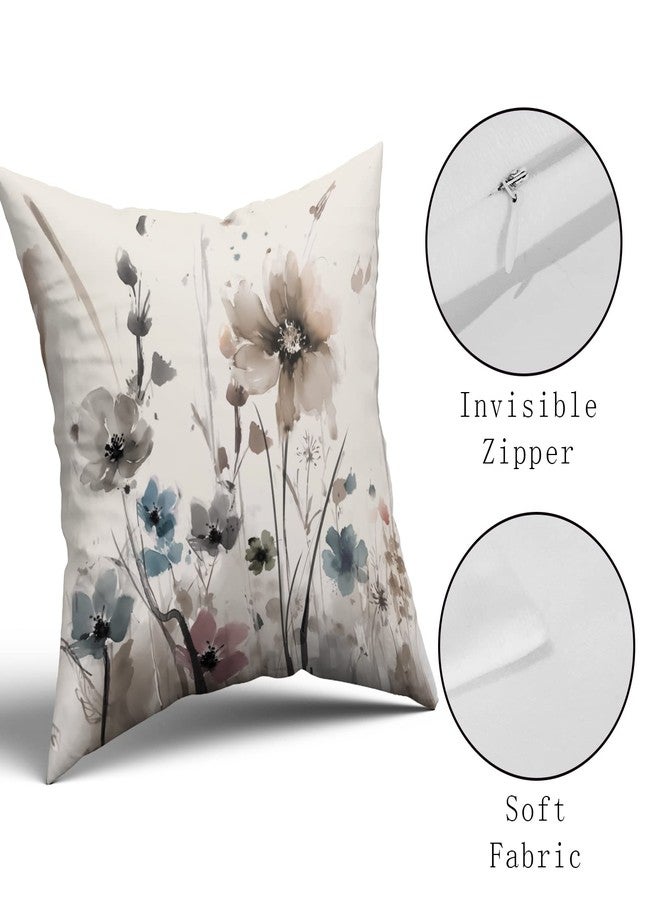 Sweetshow Watercolor Brown Grey Floral Pillow Covers 18x18 Rustic Color Cream Gray Blue Flower Print Decorative Throw Pillows Modern Art Farmhouse Pillowcase Cushion Case Set of 2, (518-23230001) - Image 4