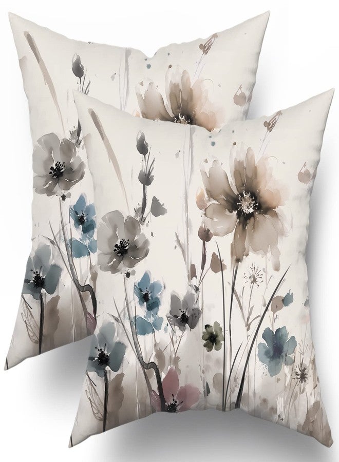 Sweetshow Watercolor Brown Grey Floral Pillow Covers 18x18 Rustic Color Cream Gray Blue Flower Print Decorative Throw Pillows Modern Art Farmhouse Pillowcase Cushion Case Set of 2, (518-23230001) - Image 1