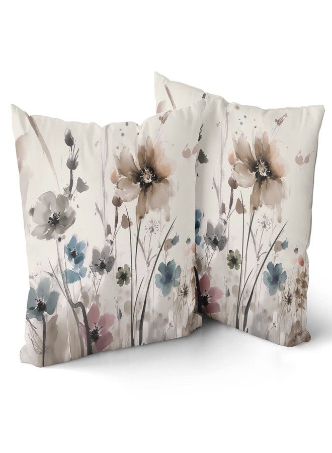 Sweetshow Watercolor Brown Grey Floral Pillow Covers 18x18 Rustic Color Cream Gray Blue Flower Print Decorative Throw Pillows Modern Art Farmhouse Pillowcase Cushion Case Set of 2, (518-23230001) - Image 2
