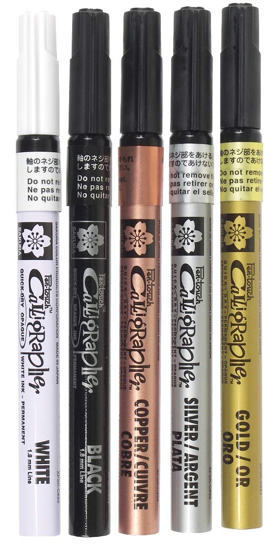 Sakura Pen-touch Calligrapher pack of 5 Fine Assorted Metallic Colours - Image 1
