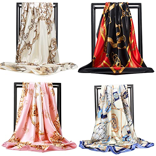 NUWEERIR 4pc Mixed Womens Large Square Scarf Set Silk Feeling Satin Hair Wrapping 35x35 inches (Set 10) - Image 2