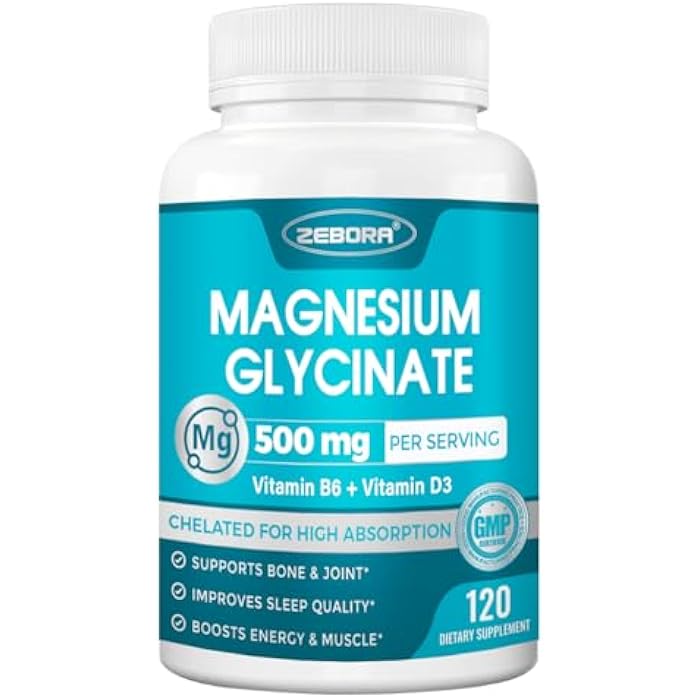 ZEBORA Magnesium Glycinate 500mg, High Absorption Magnesium Supplement with Vitamins B6 & D3, Chelated Magnesium Glycinate Capsules for Muscle, Heart, Calm & Immune Health, Non-Buffered, 120 Capsules - Image 1