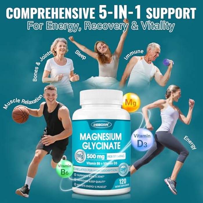 ZEBORA Magnesium Glycinate 500mg, High Absorption Magnesium Supplement with Vitamins B6 & D3, Chelated Magnesium Glycinate Capsules for Muscle, Heart, Calm & Immune Health, Non-Buffered, 120 Capsules - Image 3