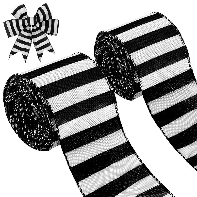 20 Yards 2 Rolls Christmas Black and White Striped Ribbon Christmas Horizontal Striped Decorative Ribbons for Christmas Tree Fall Wrapping DIY Crafts Decoration 25 Inch Wide