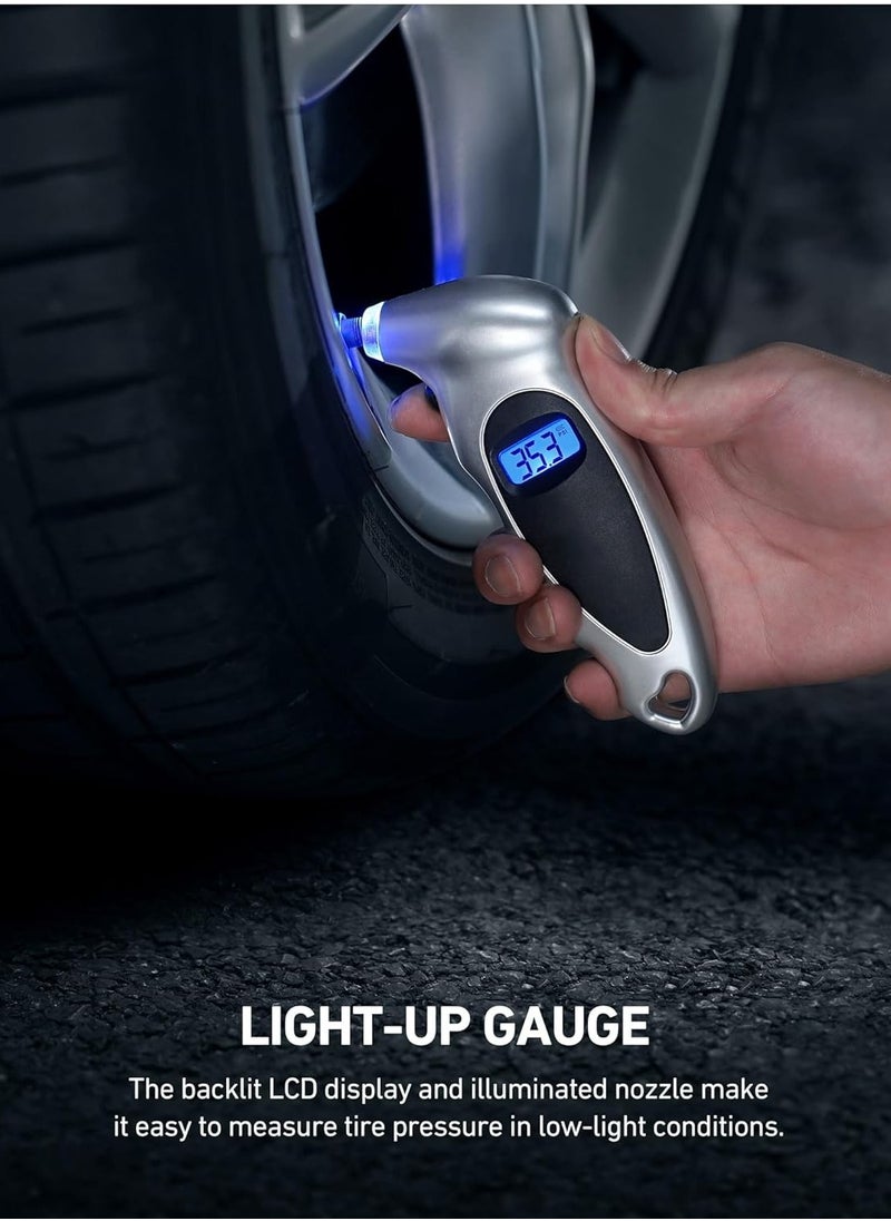إيهوم - الرقمية قياس ضغط الهواء في الإطارات ، 150psi 4 مجموعة مناسبة للسيارات والشاحنات والدراجات ، الخلفية شاشات الكريستال السائل المضادة للانزلاق قبضة ، من السهل قراءة دقيقة ( فضي ) - Image 1