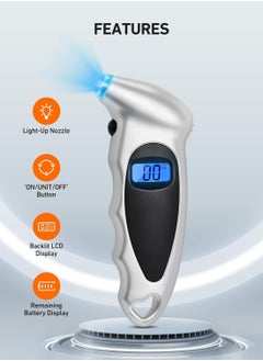 EHOME Digital Tire Pressure Gauge, 150PSI 4 Setting for Cars, Trucks and Bicycles, Backlit LCD and Anti-Skid Grip for Easy and Accurate Reading(Silver)  - Image 2