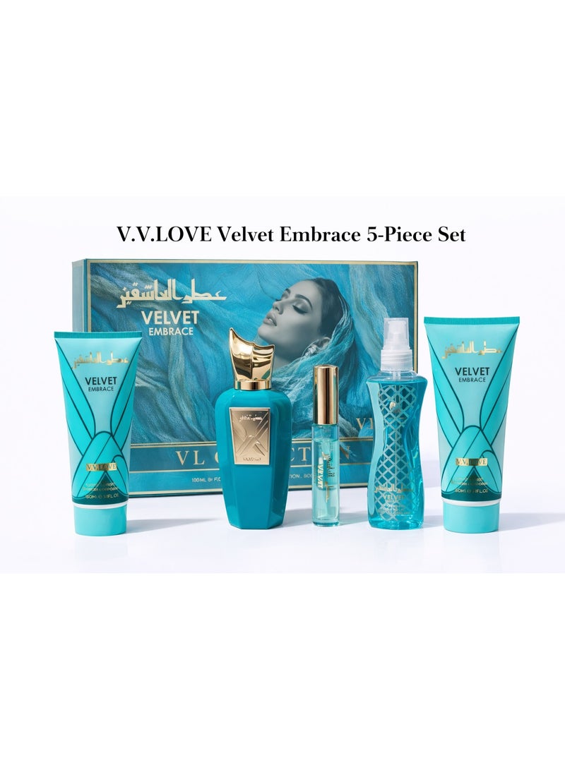 مجموعة هدايا V.V.LOVE Velvet Embrace (عطر العاشقين) خماسية القطع - عطر، لوشن للجسم، جل استحمام، معطر للجسم، عطر صغير للسف