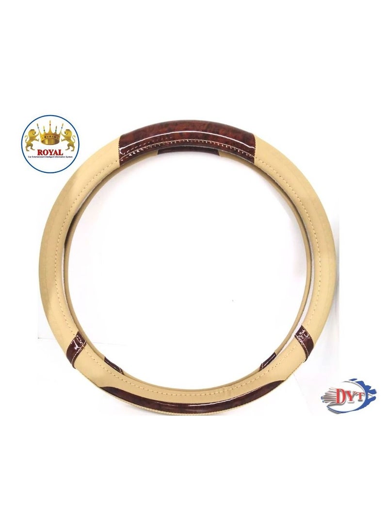 Royal Luxury Steering Wheel Cover 15"Inch (DYT-HE,3110, BG) Beige & Wood Color - Image 2