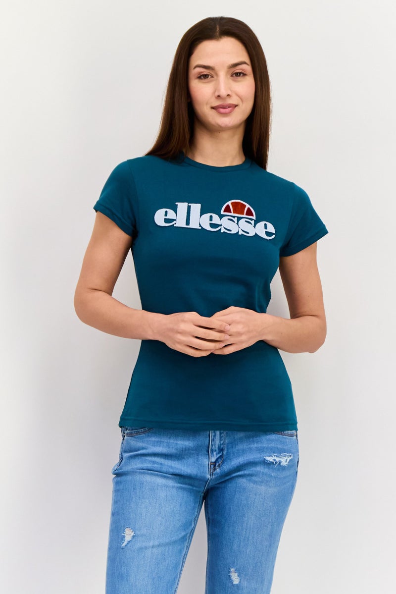 Ellesse تي شيرت نسائي بياقة دائرية بأكمام قصيرة بشعار العلامة التجارية، أزرق فيروزي - Image 1