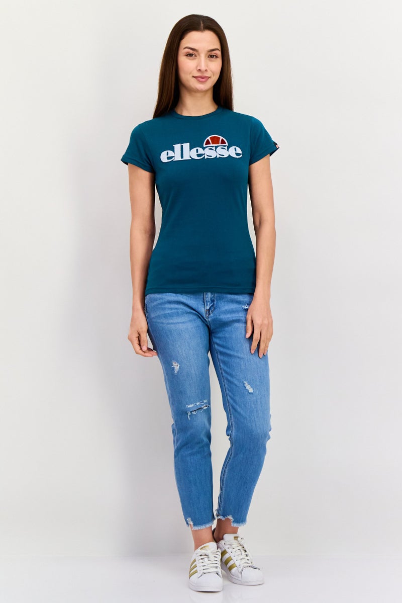 Ellesse تي شيرت نسائي بياقة دائرية بأكمام قصيرة بشعار العلامة التجارية، أزرق فيروزي - Image 2