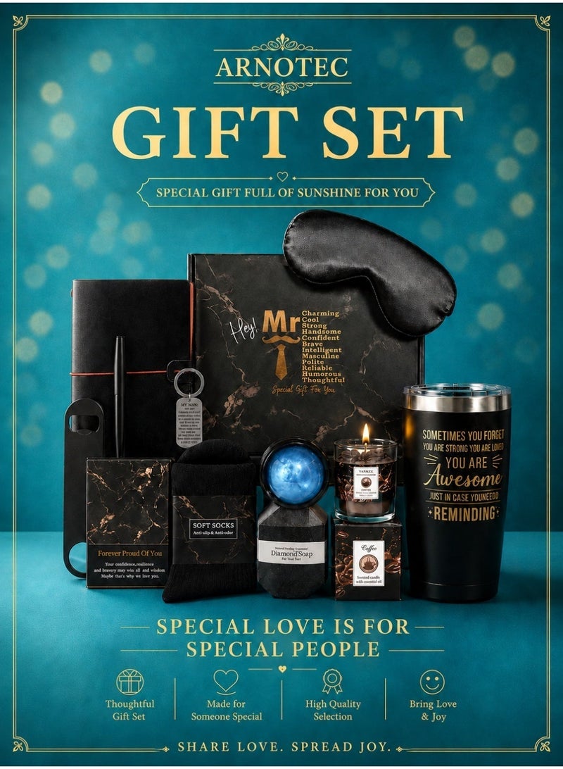 ARNOTEC Gift Basket for Men – Birthday & Holiday Gift Box, Get Well Soon Inspirational Gift Set with 12 Relaxing Spa Essentials, Perfect for Christmas, Father’s Day, Valentine’s Day, Thanksgiving & Anniversary, Gifts for Best Friends & Friends - Image 1