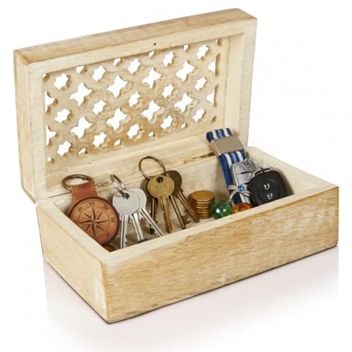 Mela Artisans Wooden Keepsake Box | Whitewash Mango Wood Memory & Photo Storage Box with Hinged Lid | Decorative Storage Box | Medium | 7.5x4.5x3 Inch - Image 1