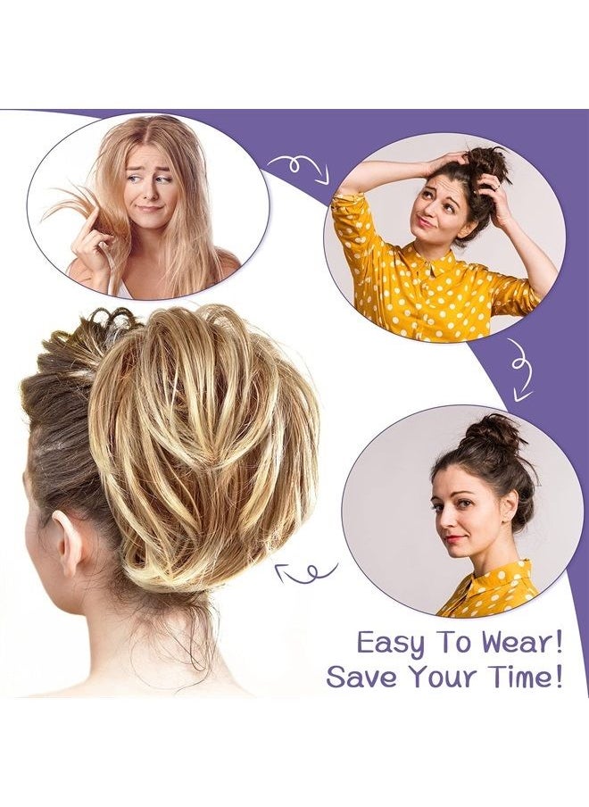 WILLBOND 4 Pcs Messy Hair Bun Hairpiece Tousled Updo for Women Hair Extensions Straight Short Ponytail Elastic Scrunchies Curly Hair Accessories (Honey Blonde mix Bleach Blonde/27T613, Basic Style)  - Image 2