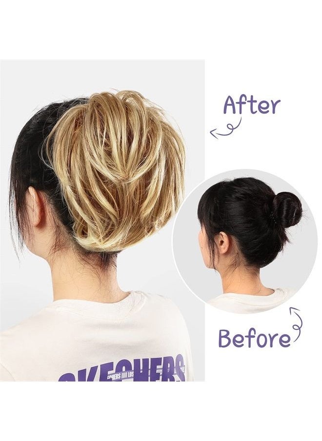 WILLBOND 4 Pcs Messy Hair Bun Hairpiece Tousled Updo for Women Hair Extensions Straight Short Ponytail Elastic Scrunchies Curly Hair Accessories (Honey Blonde mix Bleach Blonde/27T613, Basic Style)  - Image 1