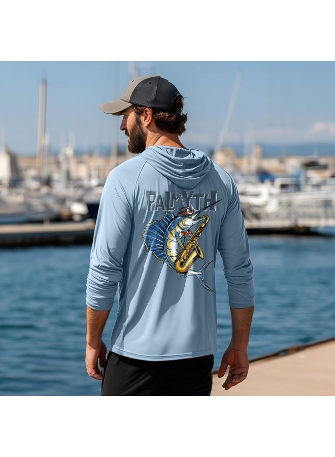 Palmyth Fishing Hoodie for Men Long Sleeve Sun Protection UV UPF 50+ Shirts, Light Blue/Sailfish Saxophone, L - Image 2