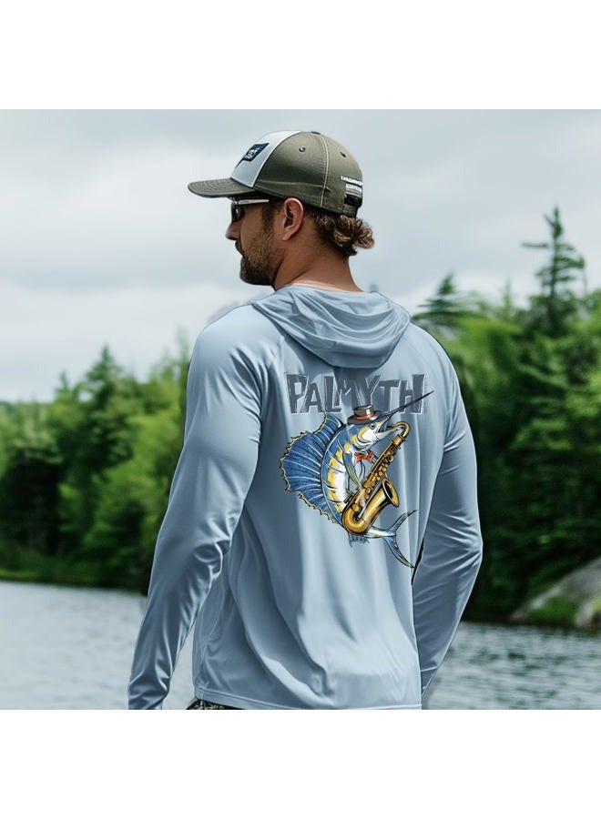 Palmyth Fishing Hoodie for Men Long Sleeve Sun Protection UV UPF 50+ Shirts, Light Blue/Sailfish Saxophone, L - Image 3