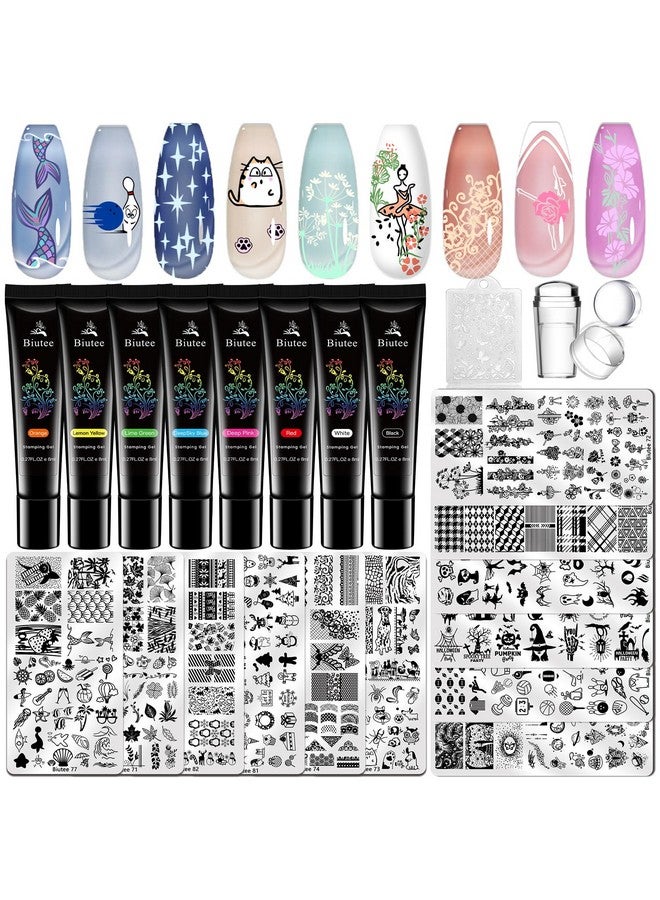 بيوتي طقم ختم الأظافر مجموعة لوحة ختم فن الأظافر 8 ختم جل طلاء الأظافر 12 لوحة ختم جيلي سيليكون الختام زهرة الحيوان الدانتيل فتاة Startemplate أداة الإمدادات لقضاء عطلة - Image 1