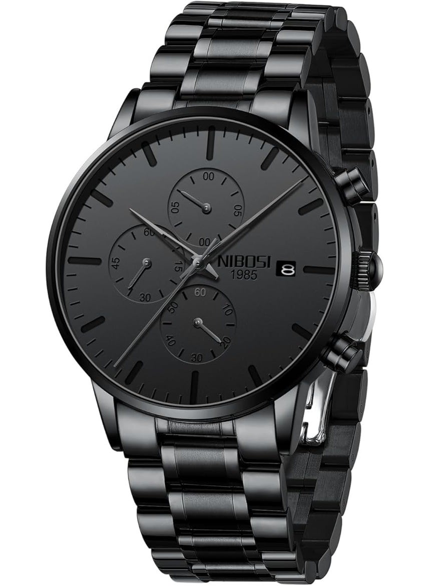 Men's Watches Analog Minimalist Black Dial Watches for Men Business Chronograph Military Casual Wrist Watches Stainless Steel Strap Date