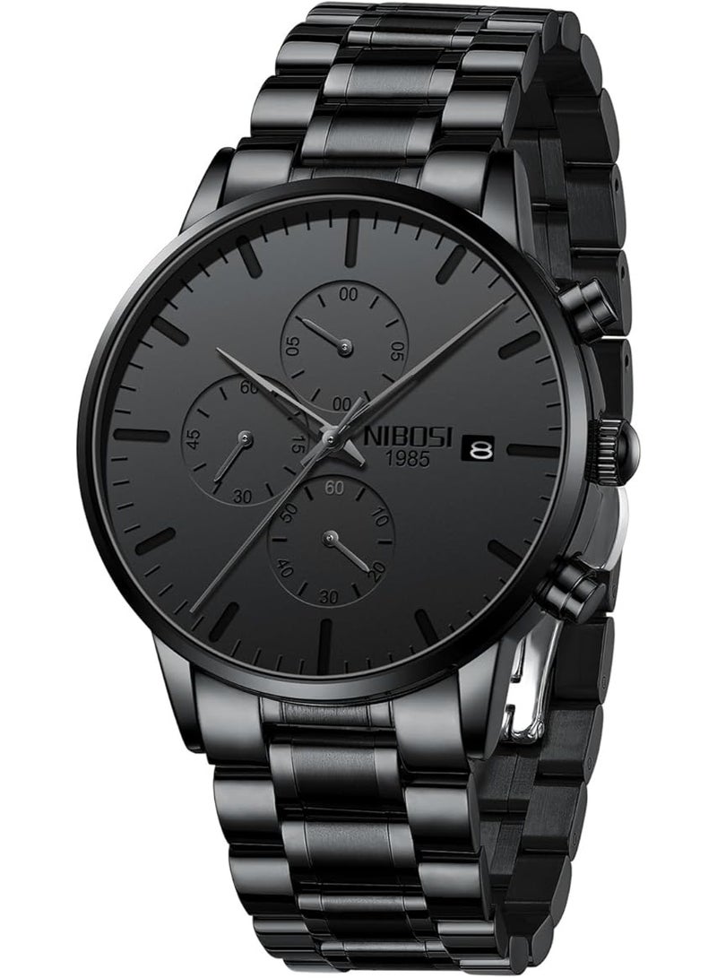 NIBOSI Men's Watches Analog Minimalist Black Dial Watches for Men Business Chronograph Military Casual Wrist Watches Stainless Steel Strap Date - Image 1