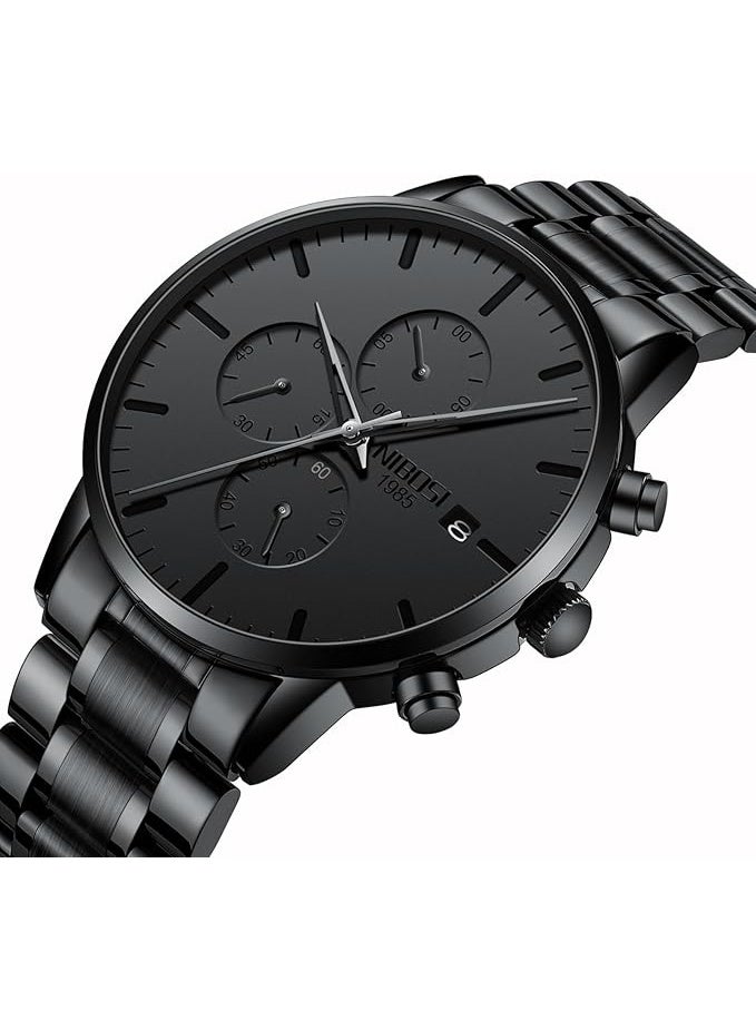 NIBOSI Men's Watches Analog Minimalist Black Dial Watches for Men Business Chronograph Military Casual Wrist Watches Stainless Steel Strap Date - Image 2