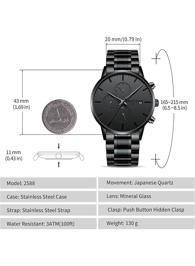 NIBOSI Men's Watches Analog Minimalist Black Dial Watches for Men Business Chronograph Military Casual Wrist Watches Stainless Steel Strap Date - Image 3