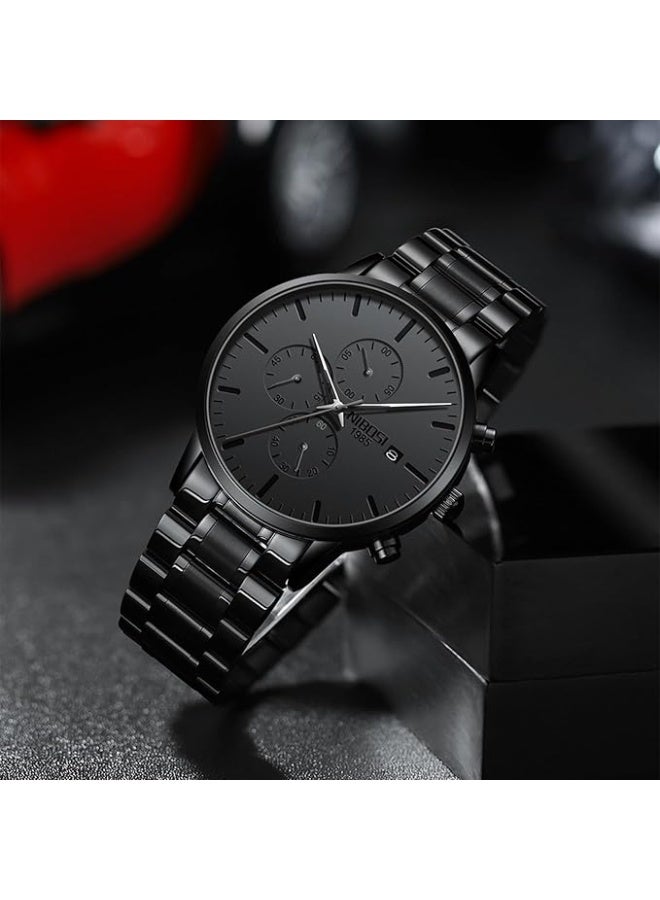 NIBOSI Men's Watches Analog Minimalist Black Dial Watches for Men Business Chronograph Military Casual Wrist Watches Stainless Steel Strap Date - Image 4