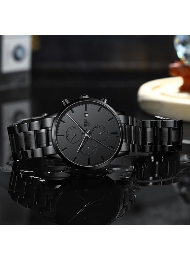 NIBOSI Men's Watches Analog Minimalist Black Dial Watches for Men Business Chronograph Military Casual Wrist Watches Stainless Steel Strap Date - Image 5