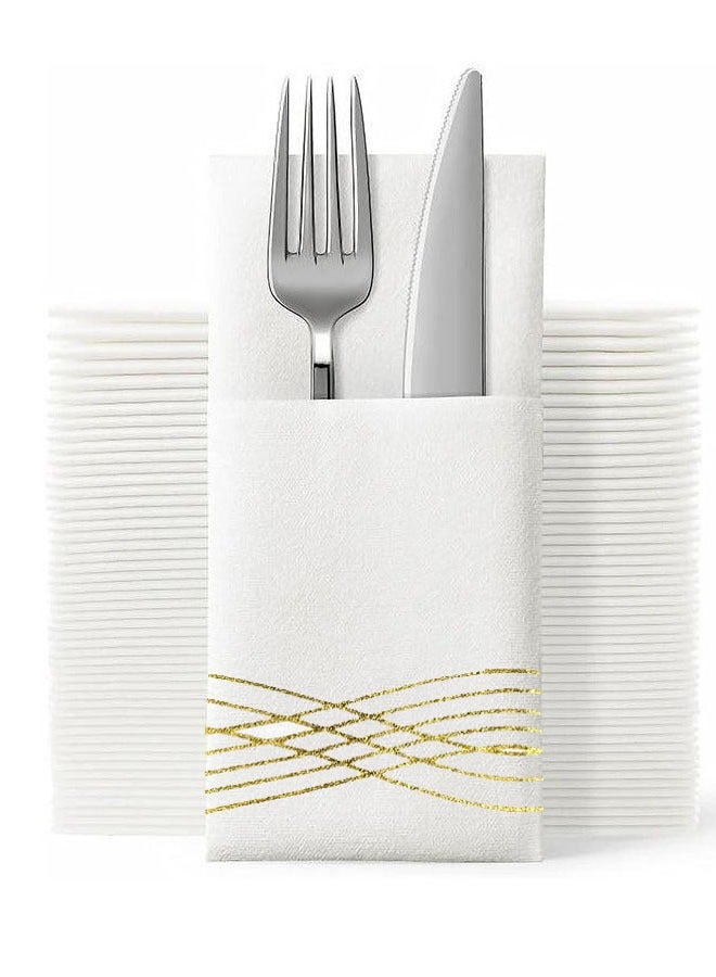 ZVEV 50 PCS Disposable Cloth Like Napkins, Folded Premium Thick Paper Napkins Build in Flatware,Printing Disposable Paper Pocket for Dinner Bathroom Events or Party - Image 1