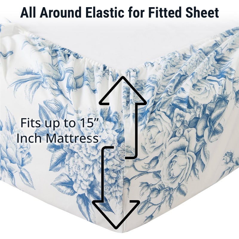 HLC.ME Rose Toile Floral Bed Sheets - 4 Piece Bed Sheet Set - Wrinkle Resistant & Ultra Soft - Fits Mattresses up to 15 Inches Deep (King, Blue) - Image 2