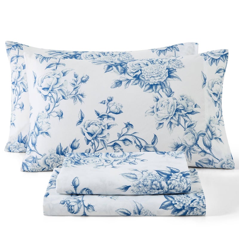 HLC.ME Rose Toile Floral Bed Sheets - 4 Piece Bed Sheet Set - Wrinkle Resistant & Ultra Soft - Fits Mattresses up to 15 Inches Deep (King, Blue) - Image 1