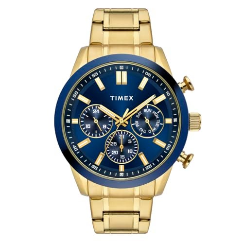 TIMEX Analog Watch for Man with Blue Round Dial & Gold Stainless Steel Bracelet Band Water Resistant Men's Wrist Watches - TWEG17617 - Image 1