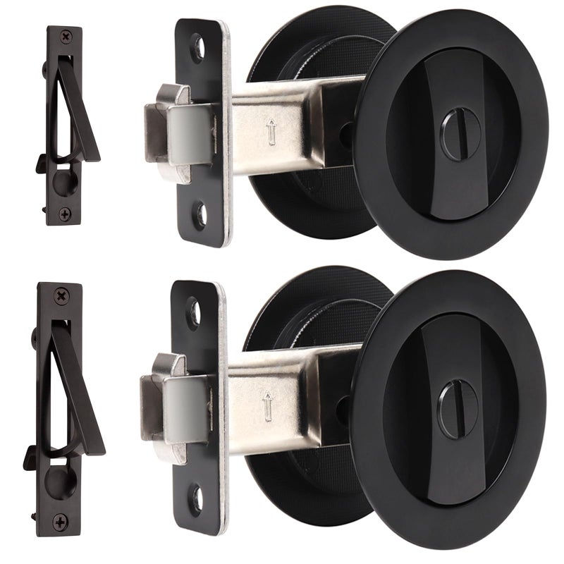 Dontay 2 Pack Pocket Door Privacy Lock Flush Handles 238 Backset BedBath Latch Recessed Knob Hardware for 1 38 to 2 316 Thickness Door Including Edge Pull Matte Black Round - Image 2