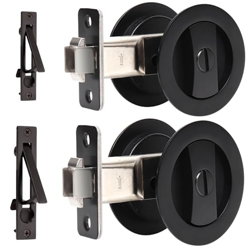 Dontay 2 Pack Pocket Door Privacy Lock Flush Handles 238 Backset BedBath Latch Recessed Knob Hardware for 1 38 to 2 316 Thickness Door Including Edge Pull Matte Black Round - Image 1