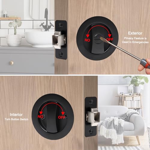 Dontay 2 Pack Pocket Door Privacy Lock Flush Handles 238 Backset BedBath Latch Recessed Knob Hardware for 1 38 to 2 316 Thickness Door Including Edge Pull Matte Black Round - Image 3