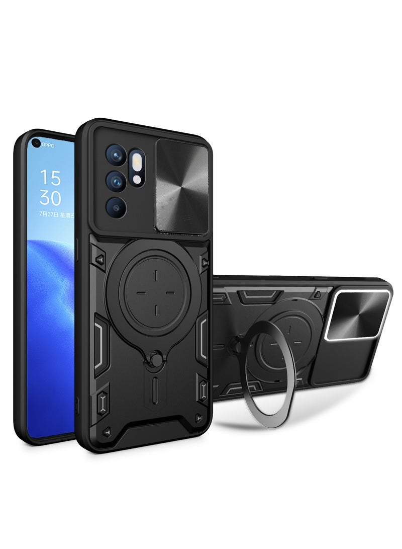 Case Cover Shockproof CD Protective Case with Camera Protection and Metal Ring Compatible with Oppo Reno 6 4G (Black) - Image 1