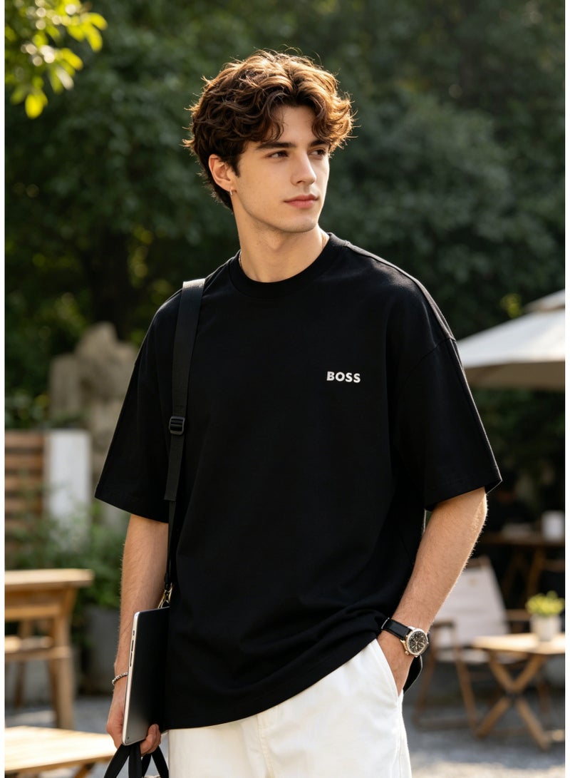 BOSS Men’s Printed Logo Classic Crew Neck Loose Fit Basic Short Sleeve Cotton T-Shirt Black - Image 4