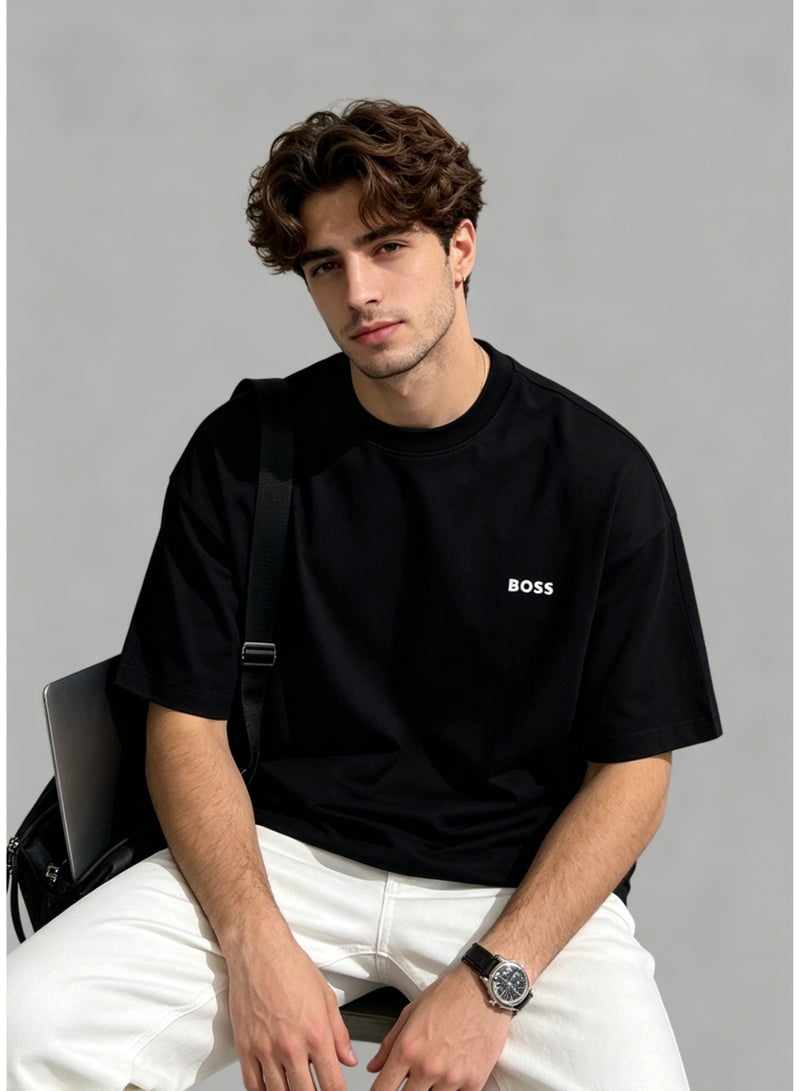 BOSS Men’s Printed Logo Classic Crew Neck Loose Fit Basic Short Sleeve Cotton T-Shirt Black - Image 1
