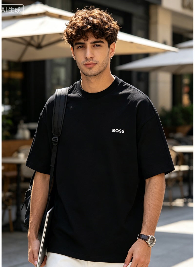 BOSS Men’s Printed Logo Classic Crew Neck Loose Fit Basic Short Sleeve Cotton T-Shirt Black - Image 3