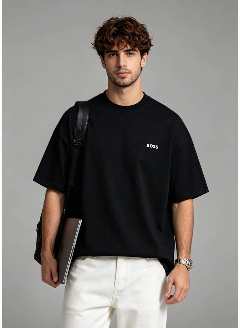BOSS Men’s Printed Logo Classic Crew Neck Loose Fit Basic Short Sleeve Cotton T-Shirt Black - Image 2