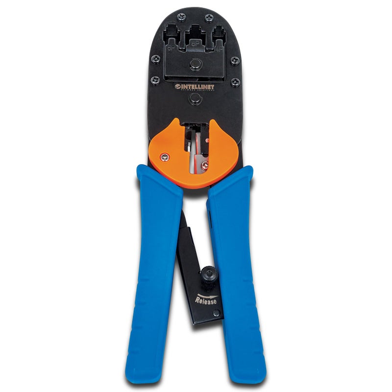 Intellinet RJ45 Crimp Tool AllInOne Modular Universal Crimper with Wire Cutter Stripper Functions Crimps RJ45 RJ22 RJ12 RJ11 RJ10 RJ9 Connector Plugs Lifetime Mfg Warranty 211048